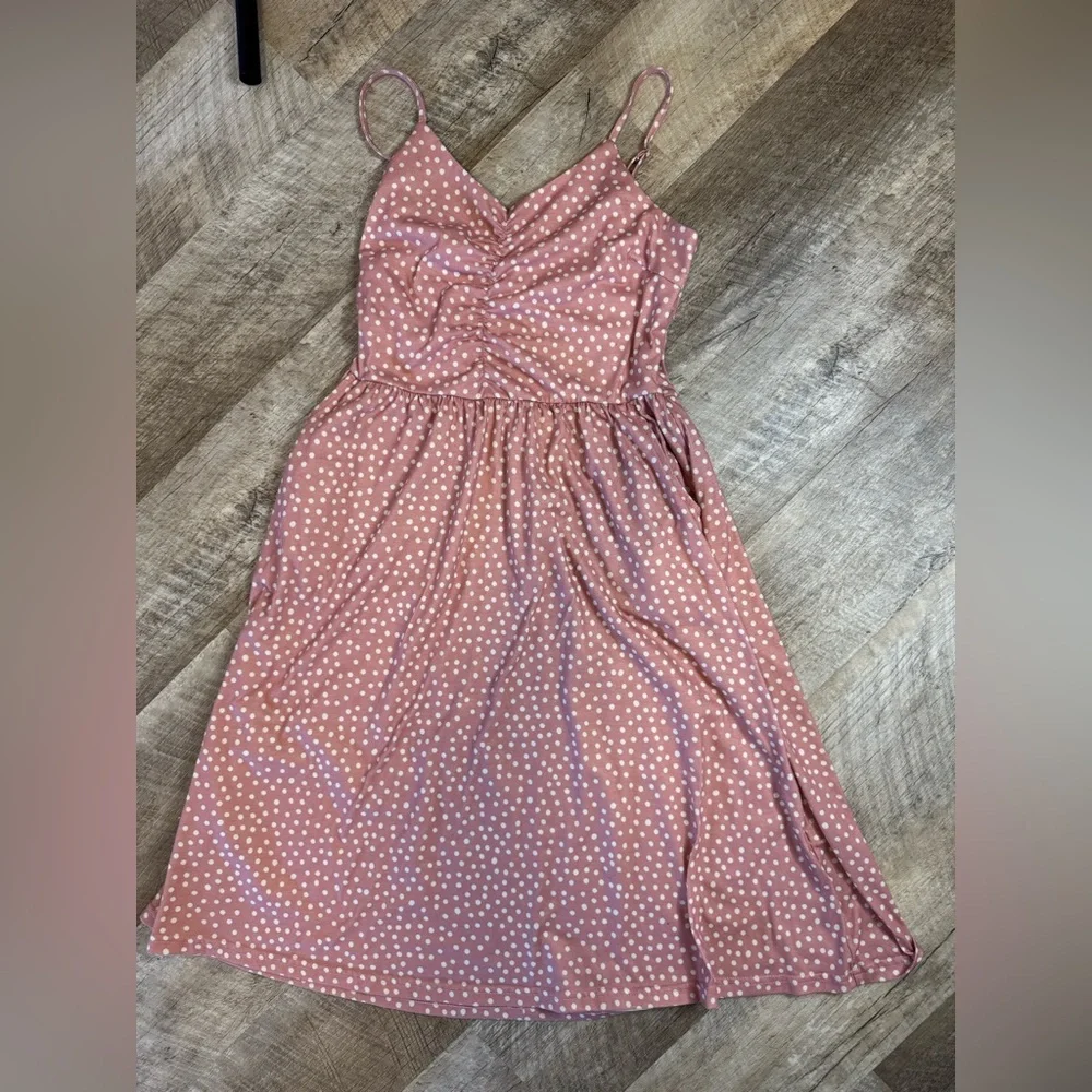 Yathon size SMALL pink/white polka dot midi sundress,  straps adjust, zip side - Picture 4 of 15